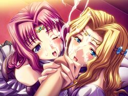 2girls blonde_hair blue_eyes blush fellatio game_cg hair kantaka long_hair mashou_no_nie oral penis pink_hair roxana_katousha sarah_katousha uncensored