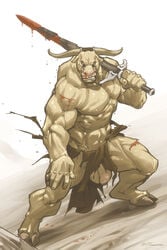 1boy abs anthro balls ballsack beefy body_fur bovine cattle flaccid_penis foreskin forge_(artist) greek_mythology hairy_balls hooves horns humanoid_penis intact loincloth long_foreskin male male_nipples male_only mammal minotaur muscles muscular_male pecs penis penis_out scrotum smooth_penis solo sword tan_fur testicles thewielder uncut unretracted_foreskin