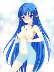 blue_eyes blue_hair breasts color exposed_breasts female female_only gem hair highres inverted_nipples leviathan_(zettai_bouei_leviathan) long_hair midriff nipples pointy_ears scales solo tear urepito_honke very_long_hair zettai_bouei_leviathan