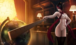 academy_series black_hair breasts erect_nipples female fiora_laurent glasses headmistress_fiora league_of_legends mostly_nude nail_polish nude pussy ruler scarf short_hair thighhighs