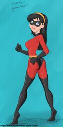 1girls ass black_hair blue_eyes bodysuit disney erect_nipples from_behind long_hair looking_back mask pixar puberty straight_hair teenager the_incredibles violet_parr vkyrie