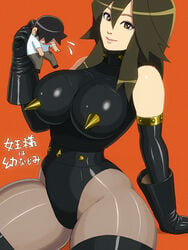 2d boots breasts brown_eyes brown_hair enkaboots erect_nipples giantess gloves huge_breasts leather leotard long_gloves makota_(enkaboots) minako_(enkaboots) pantyhose thick_thighs thighhighs tight_clothes