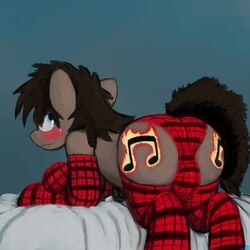 2013 ass bed blue_eyes blush brown_hair bulge cum cutie_mark elbow_gloves equine friendship_is_magic gloves hair hladilnick horse long_hair music_note musical_note my_little_pony penis plain_background pony precum smile socks solo stockings tartan