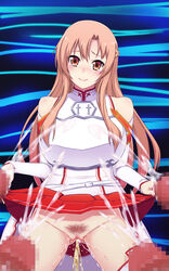 aincrad aincrad_floor_74 bukkake censored cum knights_of_the_blood looking_at_viewer mosaic_censoring multiple_penises peeing penis pussy skirt_lift sword_art_online tagme urination urine yuuki_asuna