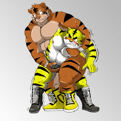 2boys anthro black_fur blush boots bulge color feline footwear front_view fur furry gay handjob male male_only multiple_males muscles nipples no_humans orange_fur shiba-kenta stripes tan_fur tiger topless white_fur wrestling yellow_fur