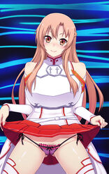 aincrad aincrad_floor_74 blush knights_of_the_blood looking_at_viewer panties pussy skirt skirt_lift sword_art_online tagme yuuki_asuna