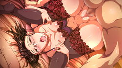 16:9 bed black_hair blush breasts censored cleavage female game_cg glasses katsuragi_sayoko large_breasts legs legs_up looking_at_viewer mekabumi_max nail_polish navel open_mouth p_a_kaichou_wa_sukidesuka?_gouman_celeb_tsuma_e_no_sex_shidou panties panties_around_leg penis pillow pussy reverse_piledriver_position saliva sex short_hair thighhighs thighs underwear upside-down vaginal_penetration