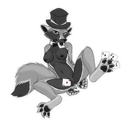 ♠ 4_toes anthro anus ass breasts canine card claws clothing female fur grey_eyes hands_behind_back hat heart hindpaw looking_at_viewer mammal nipples pawpads paws penetration pira plain_background playing_card presenting pussy sitting solo toes top_hat white_background wolf