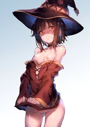 10s black_hair blush bottomless breasts clenched_teeth collar collarbone cowboy_shot dress dress_lift dress_pull female hat kono_subarashii_sekai_ni_shukufuku_wo! looking_at_viewer looking_to_the_side megumin nipples no_panties patreon_reward pussy red_eyes redcomet shaded_face short_hair small_breasts solo tears teeth uncensored witch_hat