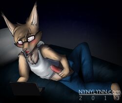 anthro computer feline furry geek jeans kitt-n-valentine laptop lynx male male_only masturbation nerd nyny penis precum solo vest