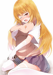 1girls blonde_hair controller female gloves kitsuneko_azarashi long_hair masturbation school_uniform schoolgirl shokuhou_misaki skirt solo teenage_girl teenager thighhighs to_aru_kagaku_no_railgun to_aru_majutsu_no_index tokiwadai_school_uniform white_background yellow_eyes young