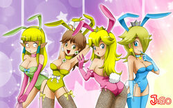 4girls adapted_costume alternate_breast_size alternate_costume aqua_gloves armpits arms_up ass blonde_hair blue_eyes breasts brown_hair bunny_ears bunny_tail bunnygirl bunnysuit choker cleavage crossover crown demigoddess earrings elbow_gloves female female_only gloves green_eyes highres human hylian jago_dibuja lingerie looking_at_viewer mario_(series) medium_breasts multiple_girls nintendo pink_gloves princess_daisy princess_peach princess_rosalina princess_zelda sexy_armpits skyward_sword the_legend_of_zelda yellow_gloves zelda_(skyward_sword)