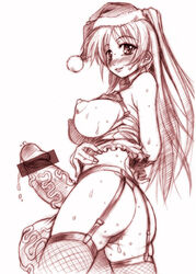 blush breasts censored clothing futanari garter_belt intersex kousaka_tamaki large_breasts monochrome penis precum santa_hat smile stockings sweat testicles to_heart_(series) to_heart_2 tsumagomi_izumo veiny_penis