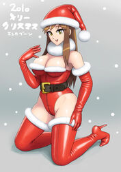 2d belt boots breasts christmas elbow_gloves enkaboots fur_trim gloves high_heels kneeling leather leotard santa_hat waist_belt