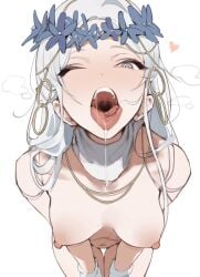 1girl 1girls doll doll_joints drool drool_string drooling elden_ring elden_ring_nightreign flower_crown fromsoftware functionally_nude functionally_nude_female gloves gloves_only mouth_open naked naked_female necklace nude nude_female papamilk perky_breasts perky_nipples presenting revenant_(nightreign) saliva simple_background solo solo_female solo_focus spit tagme tongue_out white_background white_gloves white_hair