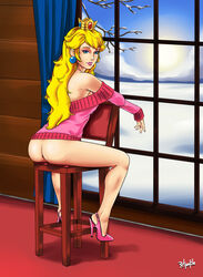 ass blue_eyes bottomless breasts chair clothes color covered_breasts crown female hair high_heels human indoors looking_at_viewer mario_(series) nintendo open_eyes princess_peach radprofile shoe sitting solo yellow_hair