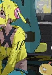 1girls animated aqua_hair bandeau black_mask blonde_hair blue_eyes breasts canari_(pokemon) canary_(pokemon) criss-cross_halter dark-skinned_female dark_skin female halterneck highres implied_fellatio jacket lonklink looking_at_viewer mask mask_lift medium_breasts mouth_mask multicolored_hair naughty_face out_of_frame paid_reward_available pokemon pokemon_(creature) pokemon_legends:_z-a pulling_own_clothes scraggy short_twintails smile split-color_hair tagme tongue tongue_out twintails two-tone_hair two-tone_mask video yellow_bandeau yellow_jacket yellow_mask zipper zuruggu