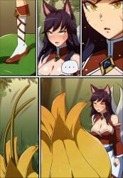 1girls 2d 9_tails ahri artist_name big_breasts black_hair blue_belt blush boob_window breasts clothed_female comic comic_page female female_only female_prey forest fox_ears fox_girl khear kitsune league_of_legends plant plant_pred red_shoes red_topwear spores unaware_hypnosis unaware_prey vore white_skirt white_socks