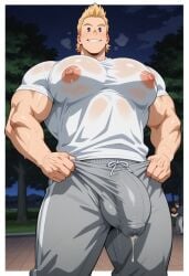 1boy ai ai_generated bara bara_tiddies bara_tits big_breasts big_bulge big_chest big_dick big_pecs big_penis blonde_hair blonde_male breasts civitai huge_bulge huge_chest huge_cock huge_pecs male male_only mirio_lover mirio_togata my_hero_academia penis solo solo_male yaoi