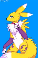 anthro big collar digimon fox fur furry glove pink purple renamon smile tail white_fur wiskar yellow ying_yang_symbol