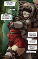 1girls arms_behind_back blindfold blindfolded bondage bound_arms bound_legs brown_hair chelsea_(didnapper) cleave_gag collar crotch_rope didnapper didnapper_2 female forest forest_background fox_ears fox_girl fox_tail gag gagged gagged_female gagged_speech kidnapped kidnapped_girl kidnapping kimono leash leash_and_collar leash_pull leashed_female male rope rope_bondage rope_harness rope_leash shoving shrine_maiden text text_bubble thighhighs
