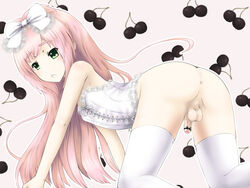 1boy androgynous anus cherries corset crossdressing green_eyes hair_ribbon idiotidiot long_hair no_panties on_all_fours open_mouth penis penis_ribbon pink_hair solo thighhighs trap white_legwear