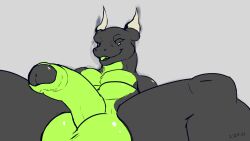 16:9 2023 anthro balls big_balls biped black_body colored crumbdestroyer dated flaccid foreskin front_view genitals glans green_body green_eyes grey_background guide_lines hi_res horn humanoid_genitalia humanoid_penis kobold looking_aside lying male naughty_face non-mammal_balls nude nude_anthro nude_male on_back partially_retracted_foreskin penis pinup pose presenting presenting_penis retracted_foreskin scalie simple_background solo tyrell_(crumbdestroyer) uncircumcised widescreen