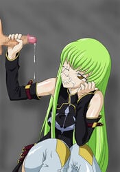 bare_shoulders bored breasts brown_eyes c.c. censored code_geass cum cum_in_mouth faceless_male facial female green_hair grey_background handjob hiza_raida long_hair looking_up penis simple_background sitting standing wince