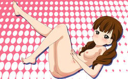 16:10 blush breasts brown_hair color exposed_breasts female female_only hair highres human human_only k-on! long_hair navel nipples nude pussy rm solo tied_hair twintails uncensored wakaoji_ichigo_(k-on!)