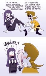 2girls absurdres barefoot blush boots boots_removed brown_hair dialogue edit female female_focus female_only foot_fetish foot_focus foot_lick foot_massage foot_play foot_rub foot_worship goth goth_girl happy_sub highres holding_another's_foot holding_feet jaune_(spooky_month) kinky kinky_girl licking_foot licking_soles lila_(spooky_month) loves_it mannysdirt milf milfs nervous_female pale-skinned_female pink_soles purple_hair saliva_on_foot spooky_month sr_pelo surprised surprised_expression tasty_feet tongue_on_foot tongue_out touching_feet yuri