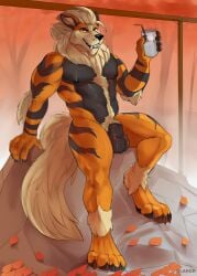 2020 animal_genitalia anthro anthro_male anthro_only anthrofied arcanine arm_tuft balls beverage black_body black_fur blaker fully_sheathed fur furry furry_male furry_only generation_1_pokemon genitals hi_res holding_beverage holding_object leaf looking_at_viewer male male_anthro male_only male_pokemon muscular muscular_anthro muscular_male naked naked_anthro naked_male neck_tuft nintendo nipples nude nude_anthro nude_male orange_body orange_fur pokemon pokemon_(species) pokemorph pubes sheath sitting smile solo solo_male striped_body striped_fur stripes tail tan_body tan_fur teeth tuft whisker_spots