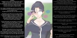 1girls ambiguous_pov big_breasts black_hair blue_eyes bra breasts breasts_bigger_than_head caption caption_box caption_only classroom cleavage cum cum_on_clothes earrings english_text female femdom gigantic_breasts glasses huge_breasts humiliation hypnosis hypnotic_breasts hypnotic_light hypnotizing_viewer kissing large_breasts lipstick manip masturbation minamida_usuke no-omega_(manipper) pendulum pov_sub seductive_smile see-through smile sweat talking_to_viewer teacher text wall_of_text