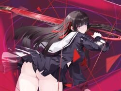 1girl absurdres arm_cutout ass black_choker black_hair black_jacket black_panties black_skirt blush breasts chisa_(wuthering_waves) choker closed_mouth clothing_cutout commentary_request hair_ribbon highres holding holding_sword holding_weapon jacket long_hair long_sleeves looking_at_viewer looking_back medium_breasts panties pantyshot red_eyes red_ribbon ribbon sailor_collar skirt solo sword thighs underwear upskirt weapon white_sailor_collar wuthering_waves