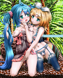 2girls ahoge aqua_eyes babydoll blonde_hair blue_hair blush bow breast_grab breasts bunny_hair_ornament censored crotchless_panties female fingering flower garter_belt garter_straps green_eyes hair_ornament hairbow hand_in_hair hatsune_miku heart heart_censor kagamine_rin kneeling leopard_print lingerie long_hair mouth_hold multiple_girls navel nipples no_panties oberssa open_mouth panties panties_in_mouth panties_removed see-through short_hair thighhighs tied_hair twintails underwear very_long_hair vocaloid yuri