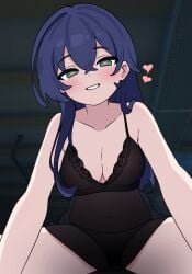 1girls adorable adorable_girl arutemisu180 bedroom belle_(zenless_zone_zero) belly belly_button black_lingerie blue_hair blush cute dot_nose female female_on_top green_eyes heart heart-shaped_pupils legs legs_spread light_skin lights_off lingerie long_hair night panties see-through smiling smiling_at_viewer transparent_clothing zenless_zone_zero