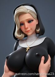 1boy 1girls ai_generated blonde_hair blue_eyes blush breast_grab breasts covered_nipples cross cross_necklace eyelashes female formalwear_mercy grabbing grey_background habit heart jewelry large_breasts lips looking_at_viewer male mercy necklace nun overwatch overwatch_2 puffy_nipples sergunyaa23 short_hair simple_background smile solo_focus straight upper_body