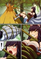 1girls 2d 9_tails ahri artist_name big_breasts black_hair blue_belt boob_window breasts clothed_female comic comic_page female female_only female_prey forest fox_ears fox_girl khear kitsune league_of_legends open_mouth plant red_topwear struggling_prey struggling_to_get_out tied_tail unwilling_prey vines vore white_eyes white_skirt willing_pred wrapped_up yellow_iris
