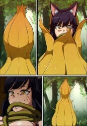 1girls 2d 9_tails ahri artist_name big_breasts black_hair blue_belt boob_window breasts clothed_female comic comic_page female female_only female_prey forest fox_ears fox_girl khear kitsune league_of_legends plant red_topwear struggling_prey struggling_to_get_out swallowing swallowing_whole unwilling_prey vines vore white_eyes white_skirt willing_pred wrapped_up yellow_iris