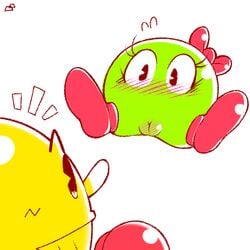 blush boots bow color exed_eyes eyelashes eyes female footwear ghost gloves green_skin interspecies jumping male miru_(pac-man) namco open_eyes pac-man pac-man_(series) pac_&_pal pussy shoes simple_background surprised video_games white_background yellow_skin