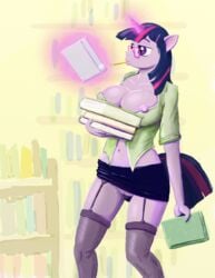 2013 anthrofied capt_hairball clothing equine eyewear female friendship_is_magic fur glasses hair horn horse levitation magic mouth_hold multicolored_hair my_little_pony navel nipples pony purple_eyes purple_fur pussy solo stockings twilight_sparkle_(mlp) unicorn