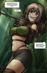 1girls arms_behind_back bondage bound_arms bound_legs brown_hair chelsea_(didnapper) cleave_gag collar crotch_rope didnapper didnapper_2 female forest forest_background gag gagged gagged_female gagged_speech kidnapped kidnapped_girl kidnapping leash leash_and_collar leash_pull leashed_female rope rope_bondage rope_harness rope_leash text text_bubble