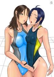 ahoge blue_hair brown_hair censored competition_swimsuit futanari intersex momosu one-piece_swimsuit swimsuit