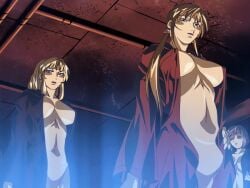 00s 1futa 2004 2girls animated anime_screenshot back bible_black bible_black_new_testament blonde_hair bouncing_breasts breast_jiggle breasts brown_hair chanting cloak earrings female futa_sans_balls futanari high_ponytail imari_kurumi intersex jewelry large_breasts lipstick long_hair makeup nipples ponytail purple_eyes robe saeki_kaori shin_bible_black side_ponytail tagme