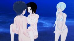 1boy 2girls 3d beach bikini bikini_bottom bikini_top black_hair black_hair_female blue_eyes breasts female holding long_hair long_hair_female male night nude_female nude_male ocean penetration ruby_rose rumigame rwby silver_eyes small_breasts weiss_schnee white_hair white_hair_female