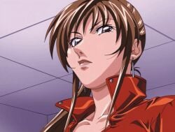 00s 1girls 2004 animated anime_screenshot aqua_eyes bible_black bible_black_new_testament breasts brown_hair earrings female hair_ornament hands_up high_collar imari_kurumi jacket jewelry large_breasts leather leather_jacket lipstick long_hair makeup nipple_stimulation_through_clothes orange_jacket red_jacket shin_bible_black side_ponytail tagme zipper zipper_pull_tab
