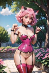1girls ai_generated animal_ear_fluff animal_ears arm_strap artist_name bare_shoulders blurry blurry_background bottomless breasts brown_eyes bustier cat_ears choker cleavage collarbone corset day detached_collar earrings female flower garter_straps hands_up hi_res ichigo_momomiya jewelry lips looking_at_viewer medium_breasts mew_ichigo mole mole_on_breast outdoors pink_flower pink_hair progenarts pussy red_thighhighs short_hair skindentation sky solo standing strapless thighhighs tokyo_mew_mew tree uncensored wrist_cuffs