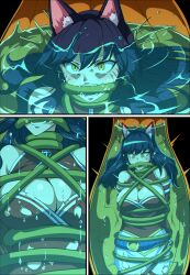 1girls 2d 9_tails ahri artist_name big_breasts black_hair blue_belt boob_window breasts clothed_female comic comic_page disolving_clothes drowning female female_only female_prey forest fox_ears fox_girl khear kitsune league_of_legends plant red_topwear shaking stomach_acid swallowed swallowed_alive swallowed_whole torn_clothes underwater unwilling_prey vines vore water white_eyes white_skirt willing_pred wrapped_up yellow_iris