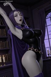 ai_generated armpits arms_up black_leotard book bookshelf breasts cape covered_nipples dc female forehead_jewel hi_res high_quality high_resolution highleg_leotard indoors large_breasts leotard library looking_at_viewer one_eye_closed open_mouth patreon patreon_username purple_eyes purple_hair raven_(dc) seductive sexy solo spicytoonai uncensored watermark window