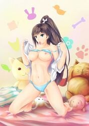 1girls bed big_breasts black_hair blue_eyes blush breasts condom exposed_breasts hair_ornament hentai_ouji_to_warawanai_neko plushie ponytail solo tied_hair tsutsukakushi_tsukushi uncensored underwear