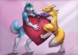 2boys anthro fox fur furry heart husky male male_only original_character pink renamon wiskar